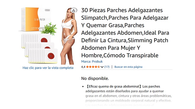 descripción en una plataforma online de las bondades de unos parches para adelgazar
