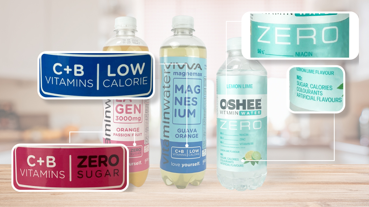 Etiquetas cero calorías en botellas de agua vitaminada