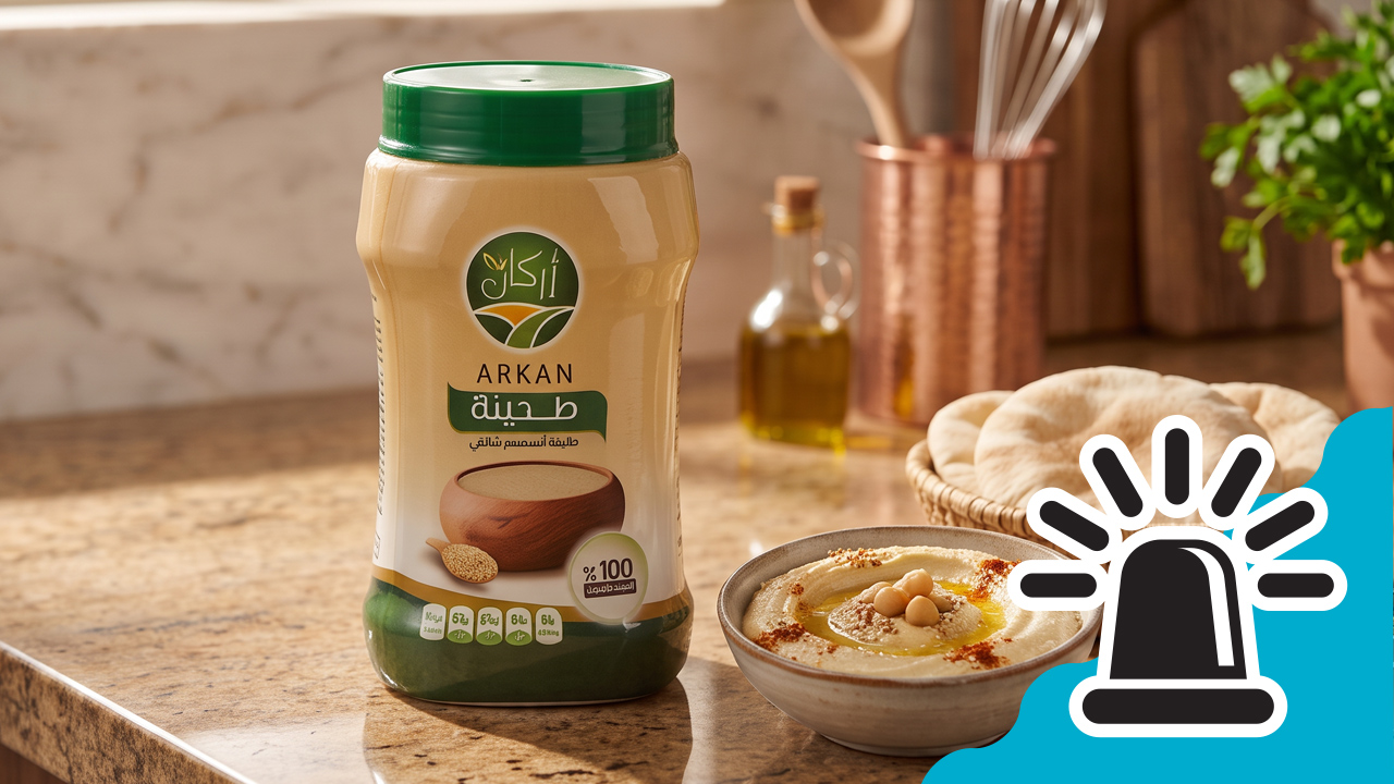 Bote de tahini de sésamo Arkan con aviso de alerta alimentaria