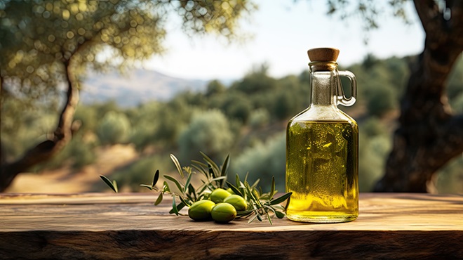 Aceite y, detrás, unos olivos