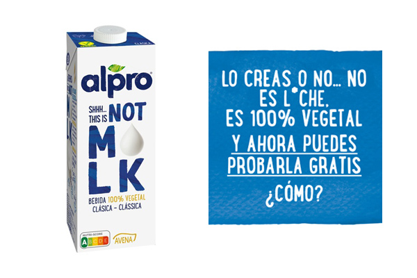 Alpro Bebida de avena: frontal del envase y publicidad donde usan la palabra leche o milk, pero escribiéndola mal
