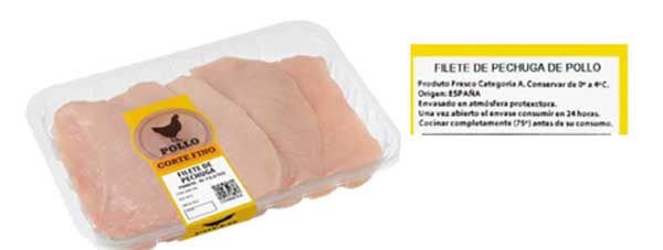 Filetes de pechuga de pollo envasadas y lista de ingredientes