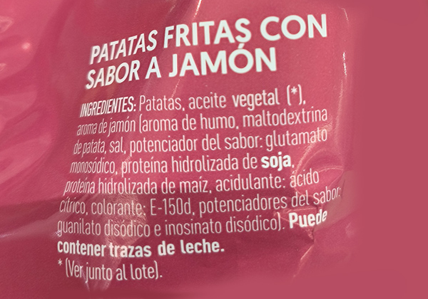 Lista de ingredientes de patatas fritas con sabor a jamón