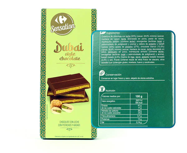 tabla de chocolates estilo Dubái marca Carrefour y lista de ingredientes