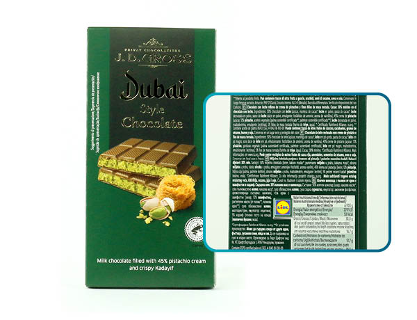 tabla de chocolates estilo Dubái marca Lidl y lista de ingredientes
