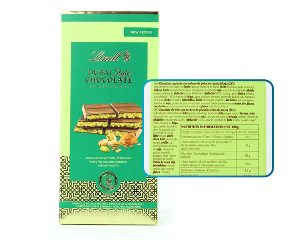 tabla de chocolates estilo Dubái marca Lindt y lista de ingredientes