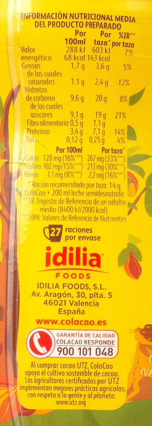 cola cao información nutricional 100 ml