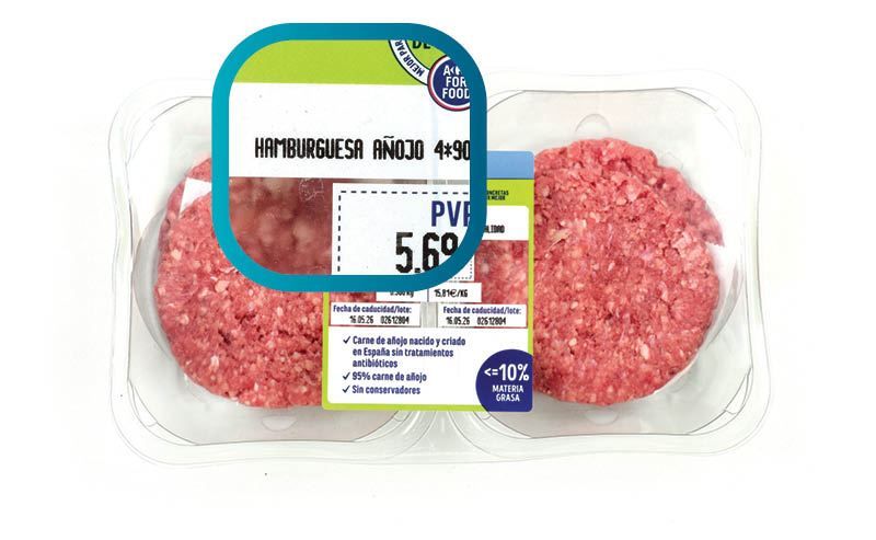 etiqueta de una hamburguesa fresca de vacuno