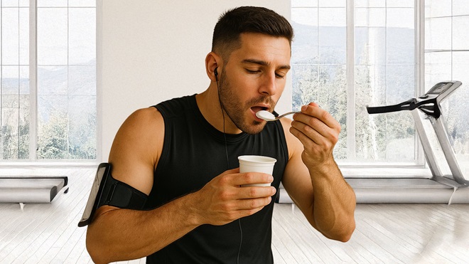 deportista tomando un yogur