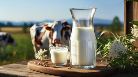 Jarra de leche con una vaca al fondo