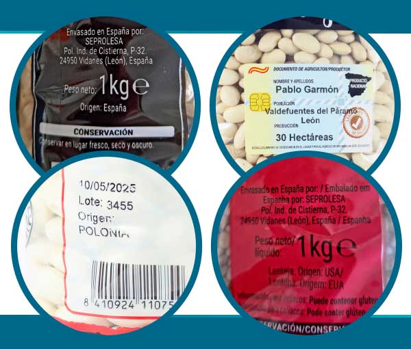 Etiquetas de legumbres mostrando el origen