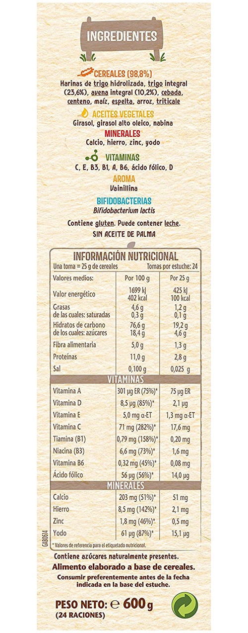 Ingredientes de unas papillas de cereales de nuestro estudio