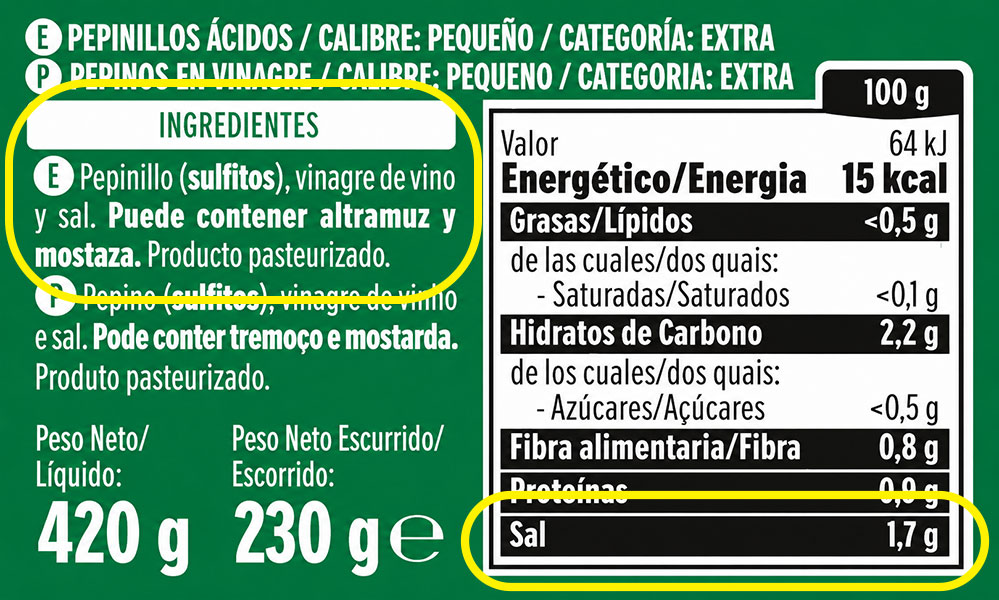 etiqueta de un frasco de pepinillos en vinagre