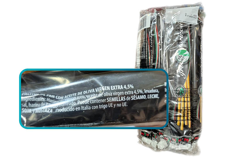 bolsa de palitos de pan con aceite de oliva marca Grissini 