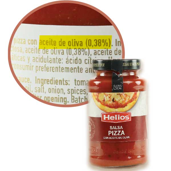 Envase de salsa pizza con aceite de oliva (solo 0,38%)