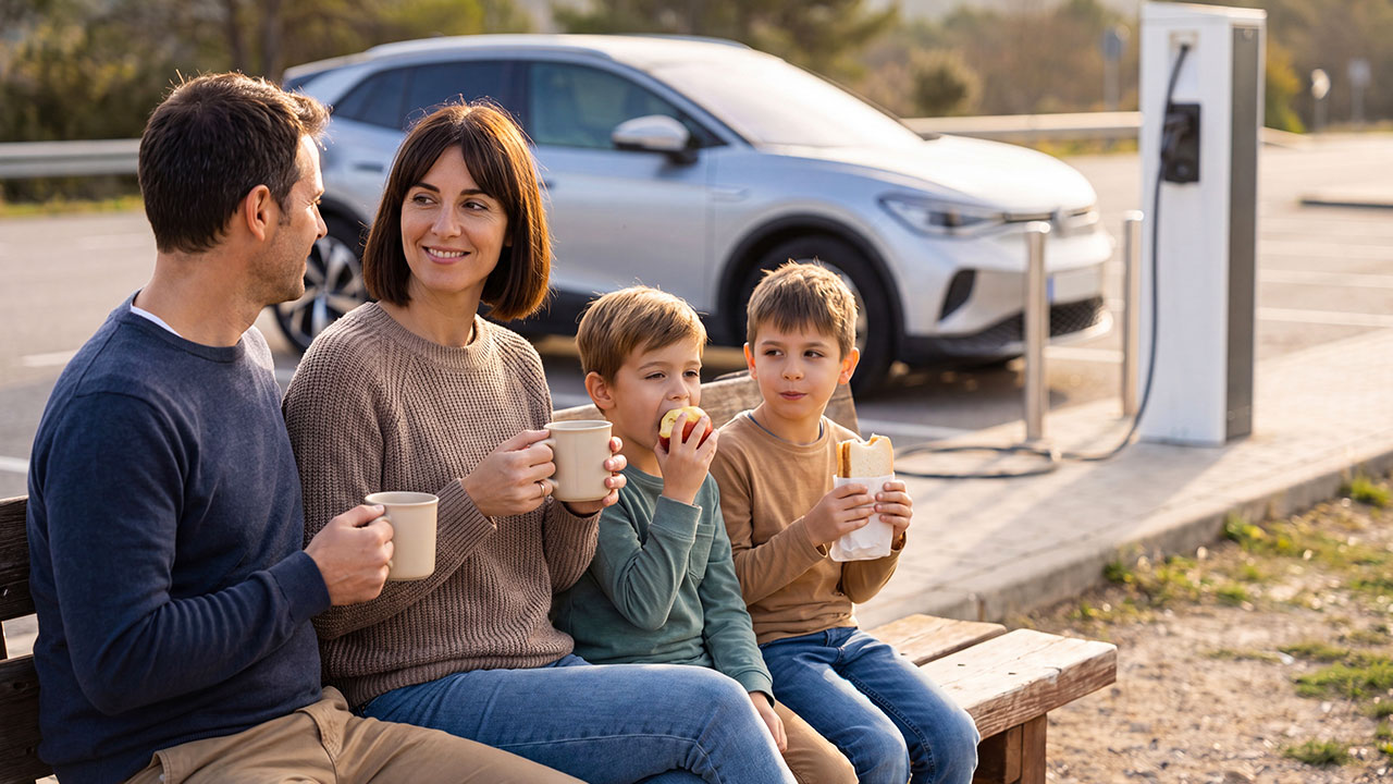 Familia descansando mientras se recarga su coche eléctrico