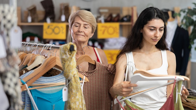Dos mujeres comprando ropa en una tienda