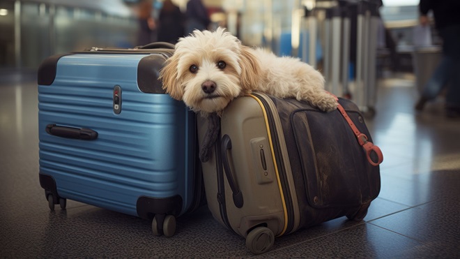 reglamento viajeros UE - perro y maletas en un aeropuerto
