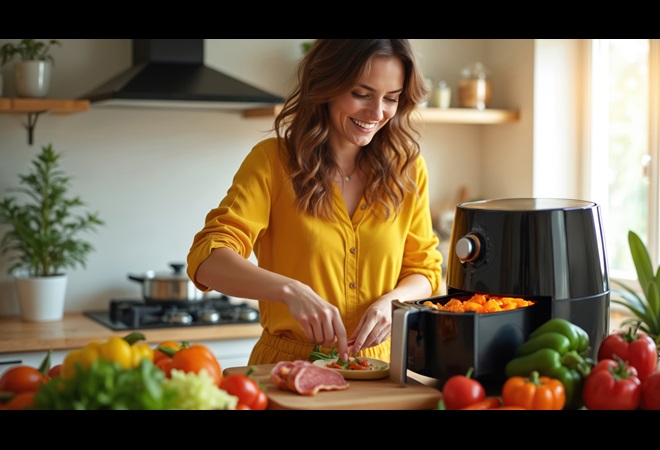 chica usando freidora de aire en la cocina