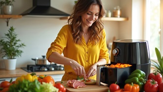 chica usando freidora de aire en la cocina