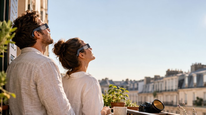 pareja observando un eclipse con gafas de protección