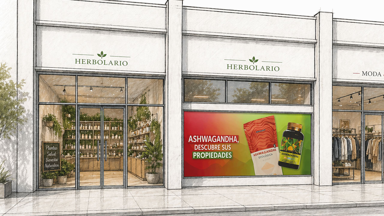 escaparate de un herbolario anunciando ashwagandha