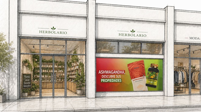 escaparate de un herbolario anunciando ashwagandha