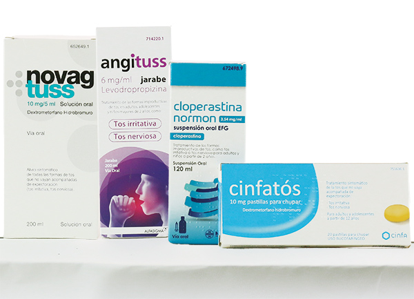Bodegón de medicamentos antitusivos de venta en farmacia y sin receta