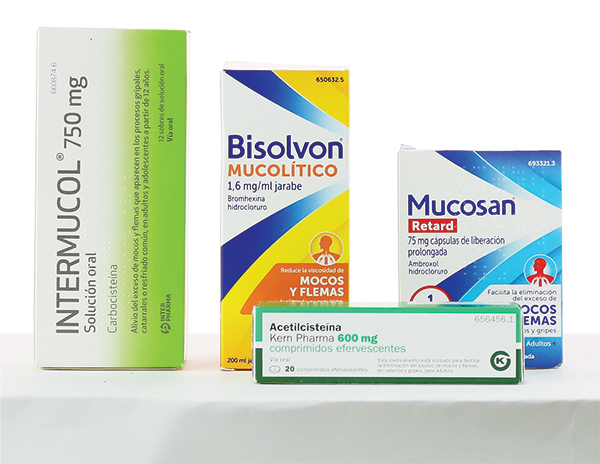 Bodegón de medicamentos mucolíticos de venta en farmacia y sin receta