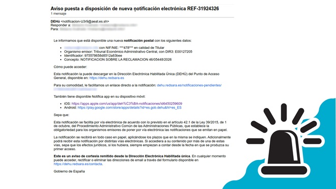 Imagen de correo electrónico fruadulento suplantando una notificación de AEAT