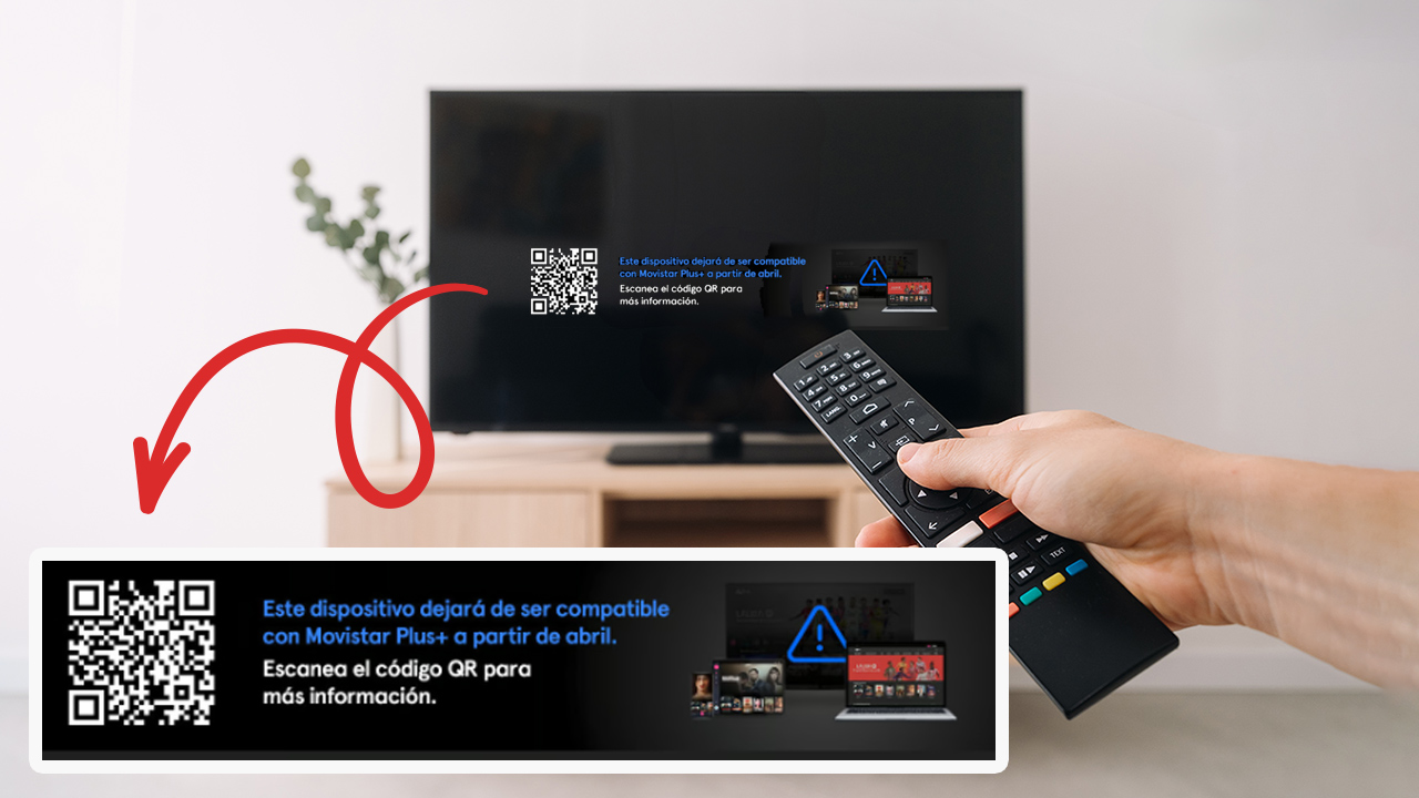 aviso en la pantalla del televisor: "este dispositivo dejará de ser compatible con Movistar Plus a partir de abril"