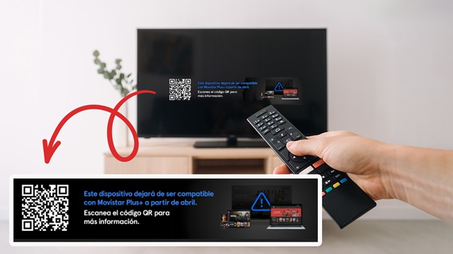 aviso en la pantalla del televisor: "este dispositivo dejará de ser compatible con Movistar Plus a partir de abril"
